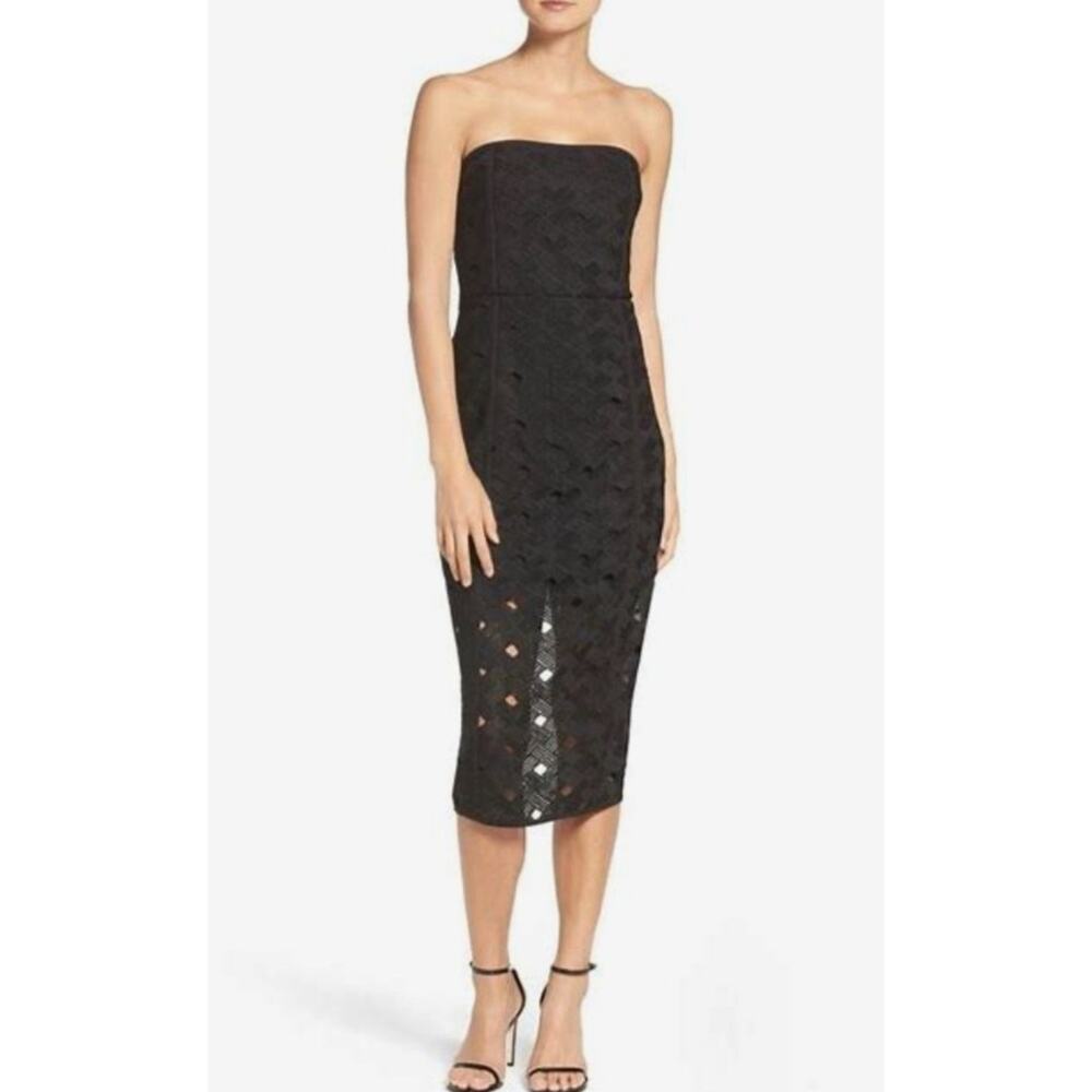 Misha Collection Cheyenne Woven Geometric Strapless Black Midi Dress 10 $350